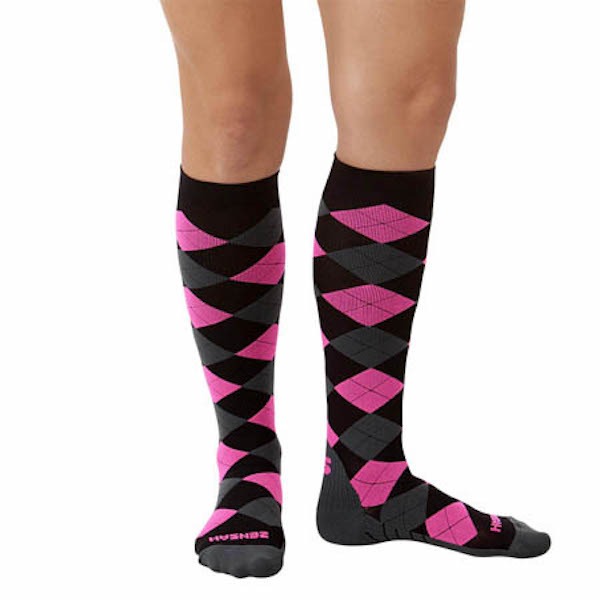 Zensah Black Grey Neon Pink Argyle Compression Socks