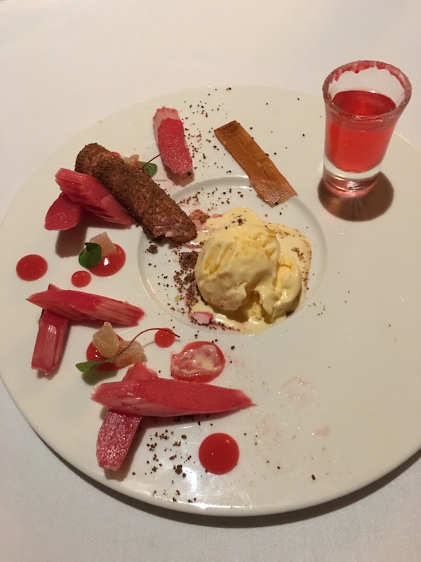 Yorkshire Forced Rhubarb with Vodka Sherbet Shot at The Wentworth Restaurant at the Talbot Hotel