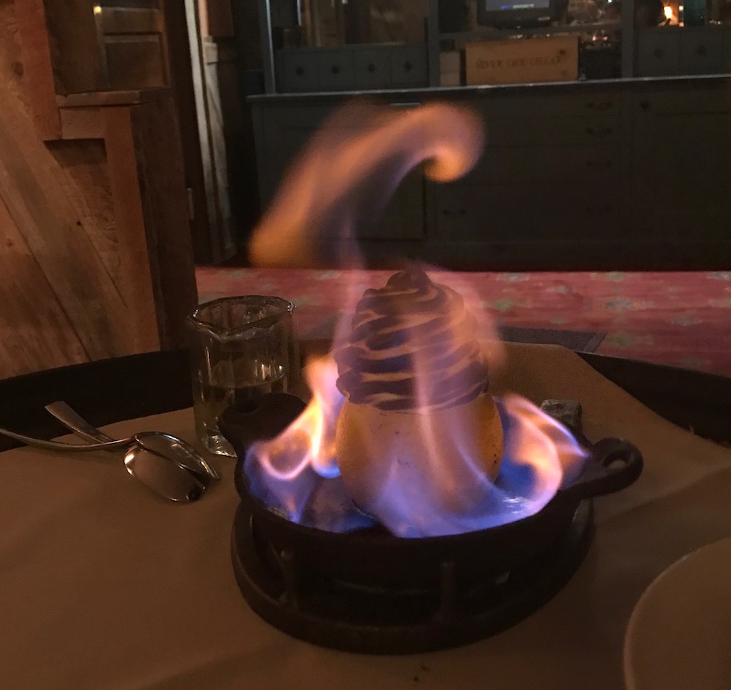 Flaming dessert at Chico Hot Springs