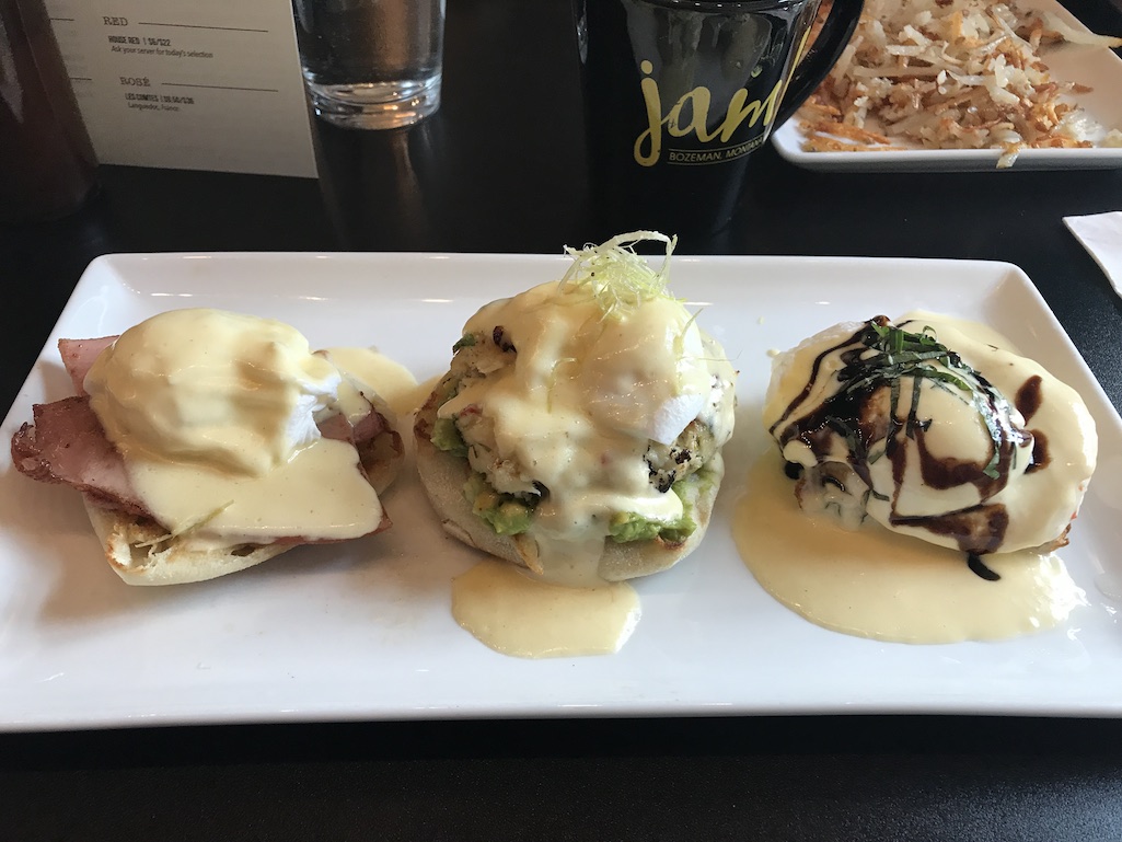 Trio of Benedicts at Jam! Bozeman Montana Yellowstone Country