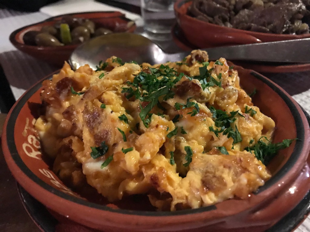 Appetizer of Eggs with chirizo, olives and beef liver at Casa de Ratas Tomar Portugal