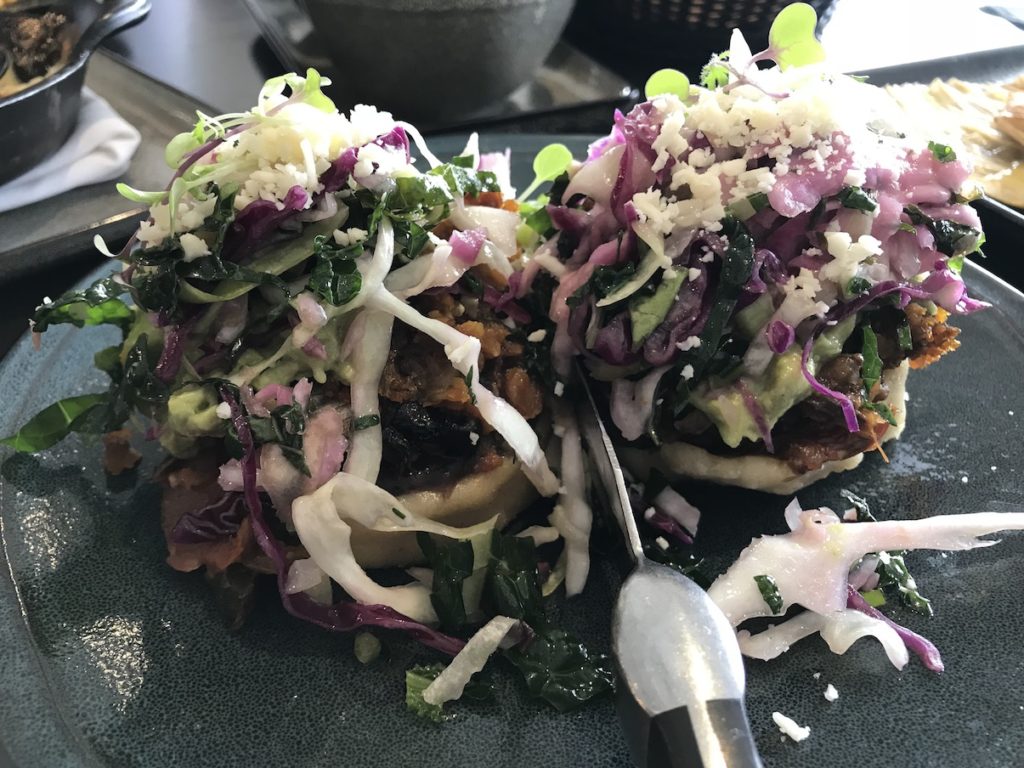 Sweet Potato Sofrito and Wild Mushroom Sopes with kale slaw Barrios Fine Mexican Dishes OKC