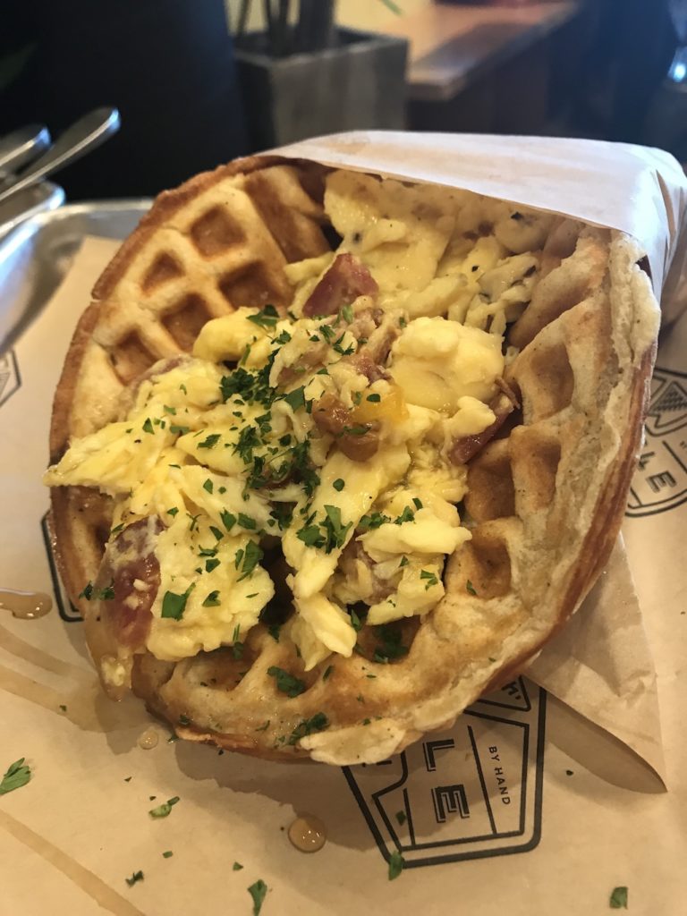 Waffle Champion egg, bacon and cheese sandwich