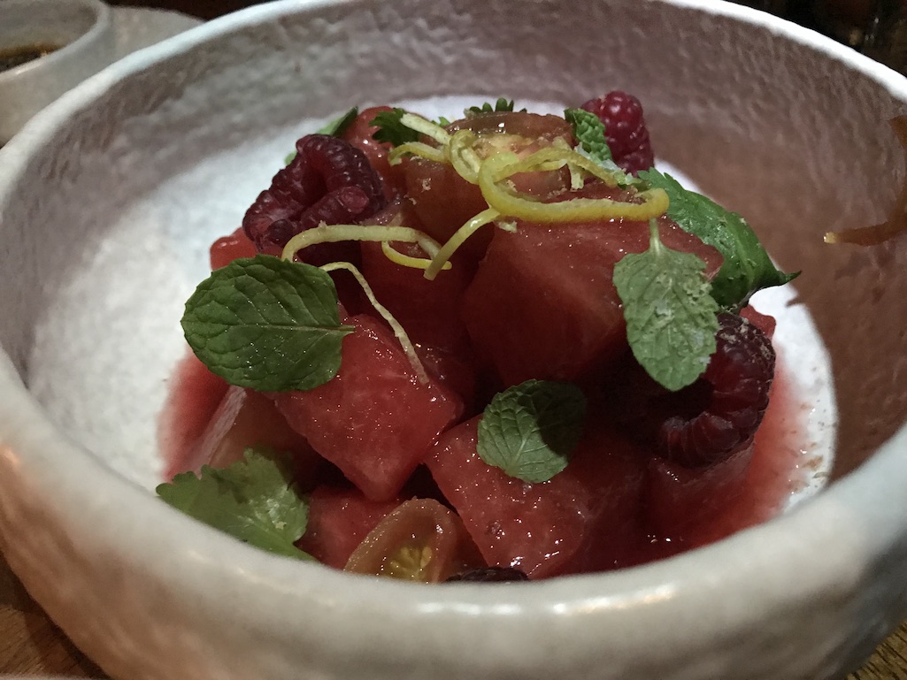 Manta Restaurant watermelon salad tomato raspberry and hibicus chamoy Los Cabos