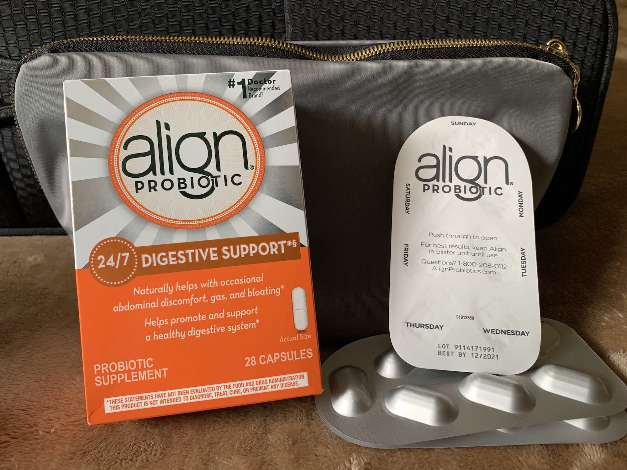 Align Probiotic with travel bag and blister pack