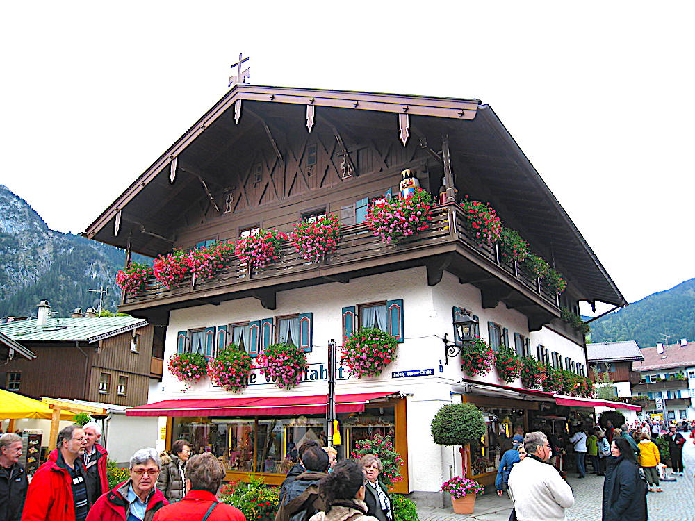 Beautiful flower boxes on the buildings in Oberammergau