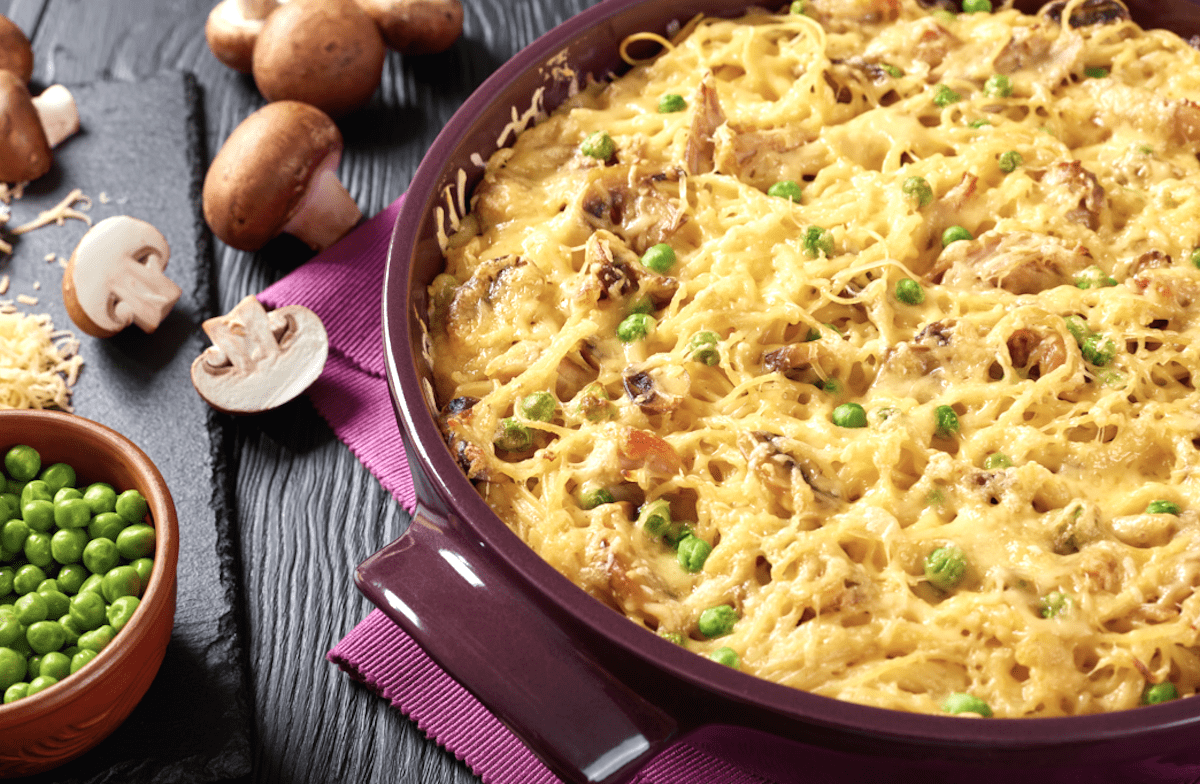 Peas, Mushrooms, Noodles, Turkey, And A Creamy Sauce